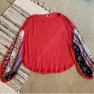 Free People Coral Patchwork Scarf Sleeve Top